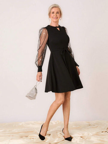 Miaspire Women's Spring & Summer Keyhole Collar Rhinestone Mesh Lantern Sleeve Elegant Short Dress