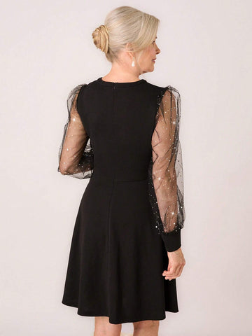 Miaspire Women's Spring & Summer Keyhole Collar Rhinestone Mesh Lantern Sleeve Elegant Short Dress