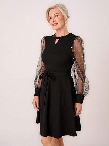 Miaspire Women's Spring & Summer Keyhole Collar Rhinestone Mesh Lantern Sleeve Elegant Short Dress