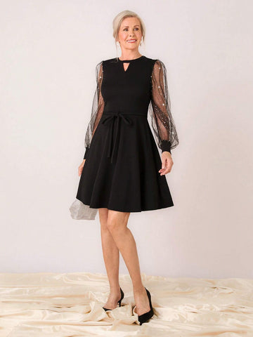 Miaspire Women's Spring & Summer Keyhole Collar Rhinestone Mesh Lantern Sleeve Elegant Short Dress