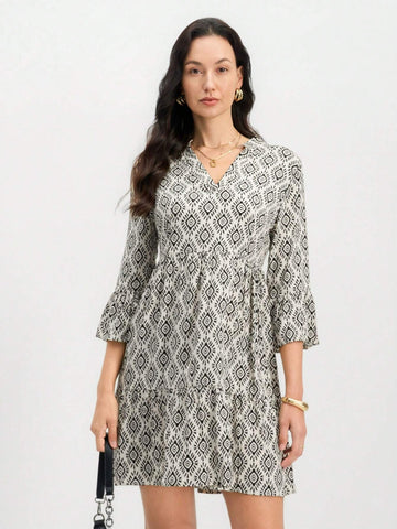 Miaspire Women's V-Neck Long Sleeve Allover Print Minimalist Short Dress
