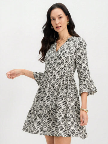 Miaspire Women's V-Neck Long Sleeve Allover Print Minimalist Short Dress