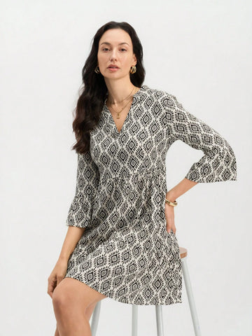 Miaspire Women's V-Neck Long Sleeve Allover Print Minimalist Short Dress