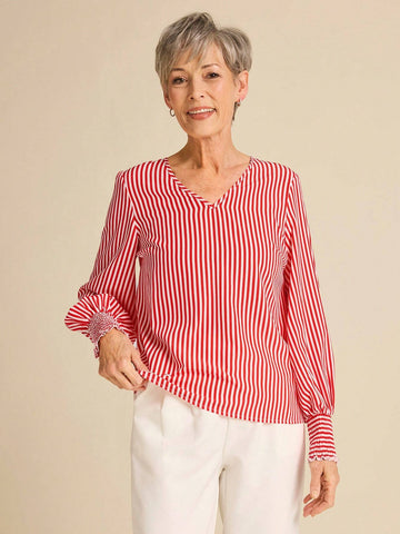 Women's V-Neck Puff Sleeve Striped Elegant Long Sleeve Shirt