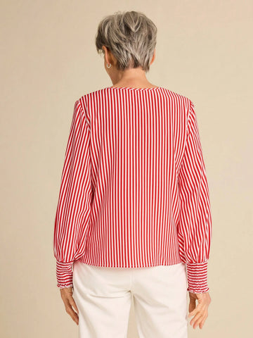 Women's V-Neck Puff Sleeve Striped Elegant Long Sleeve Shirt