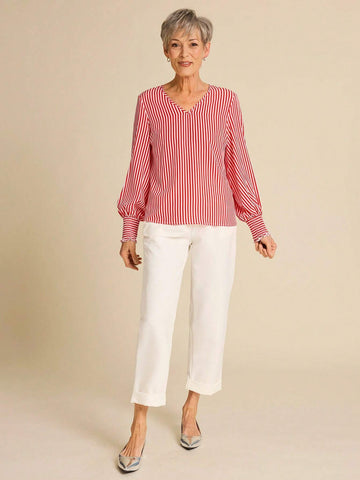 Women's V-Neck Puff Sleeve Striped Elegant Long Sleeve Shirt