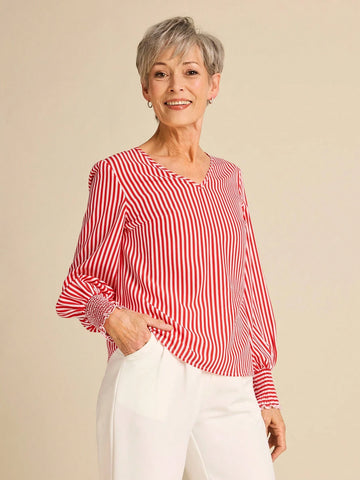 Women's V-Neck Puff Sleeve Striped Elegant Long Sleeve Shirt