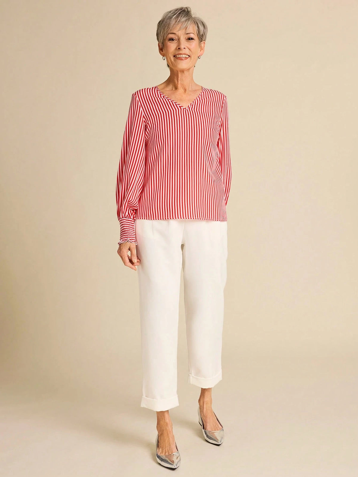 Women's V-Neck Puff Sleeve Striped Elegant Long Sleeve Shirt