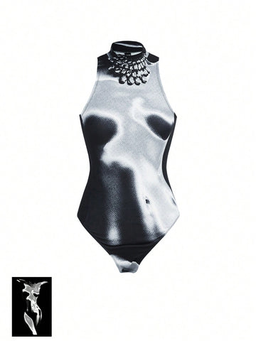 Mickt Flior Women'S Slim Fit Sleeveless Bodysuit With Human Body Pattern Print