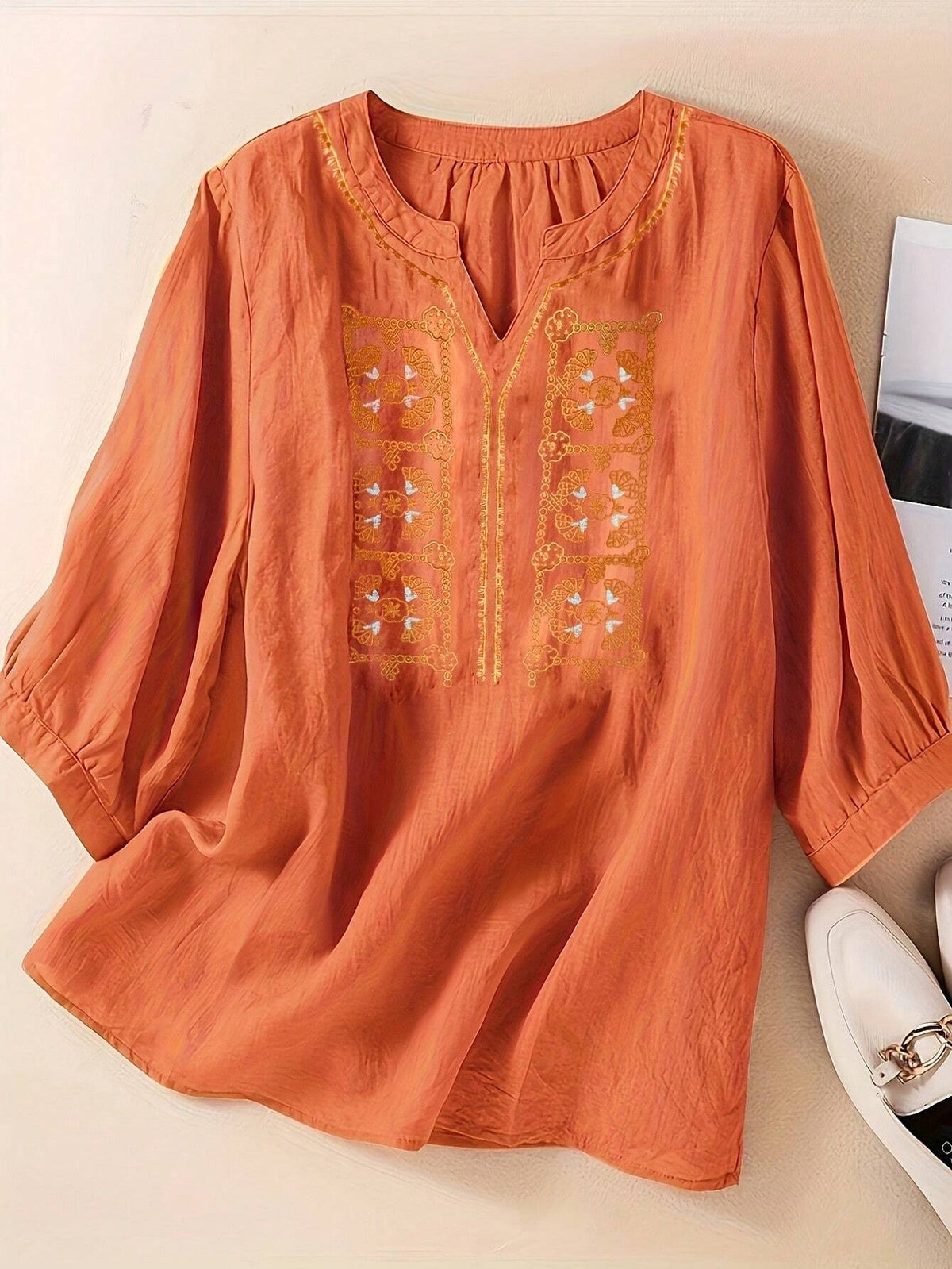 Mid-Length Loose Embroidered Cotton Linen Vintage Style Shirt Top