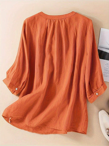 Mid-Length Loose Embroidered Cotton Linen Vintage Style Shirt Top