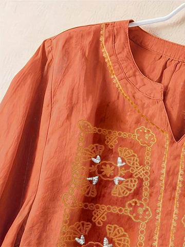 Mid-Length Loose Embroidered Cotton Linen Vintage Style Shirt Top