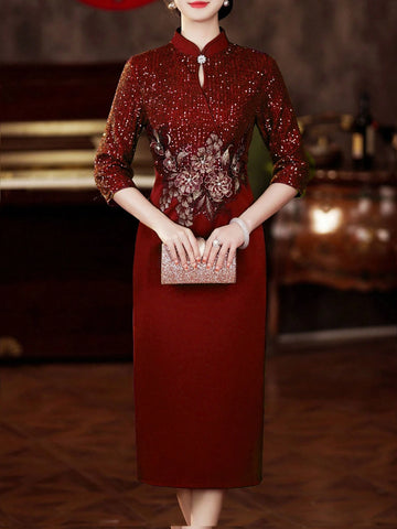 Mid-Length Stand-Up Collar Sequin Dress, Casual Three-Quarter Sleeve Dress For Women, Suitable For Wedding Parties And Daily Casual Wear, Can Be Worn In All Seasons