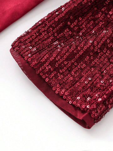 Mid-Length Stand-Up Collar Sequin Dress, Casual Three-Quarter Sleeve Dress For Women, Suitable For Wedding Parties And Daily Casual Wear, Can Be Worn In All Seasons