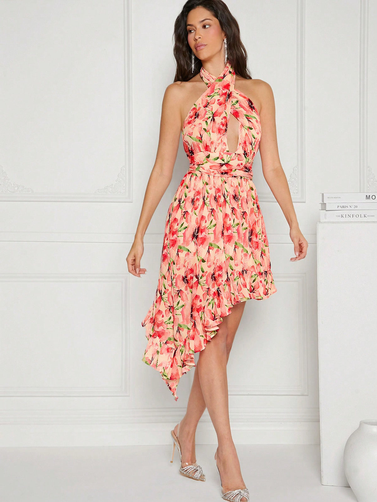 Mienne Floral Plisse Halter Ruffle Dress