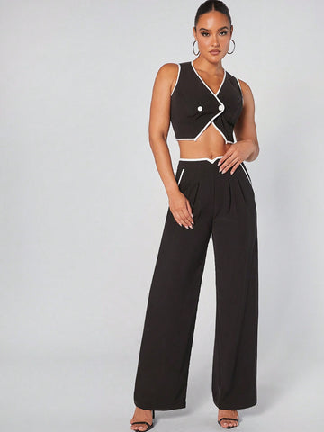 Contrast Crop Top & Wide Leg Pants Set