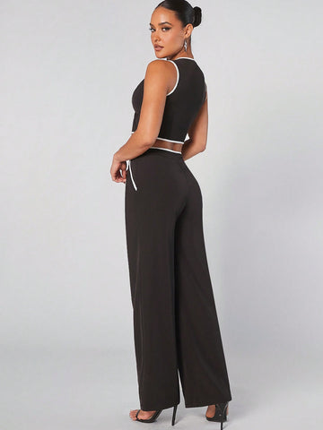 Contrast Crop Top & Wide Leg Pants Set