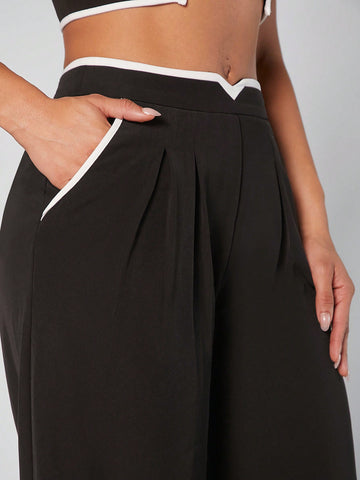 Contrast Crop Top & Wide Leg Pants Set