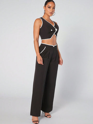 Contrast Crop Top & Wide Leg Pants Set