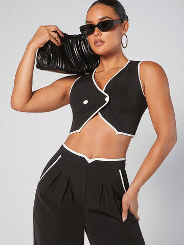 Contrast Crop Top & Wide Leg Pants Set