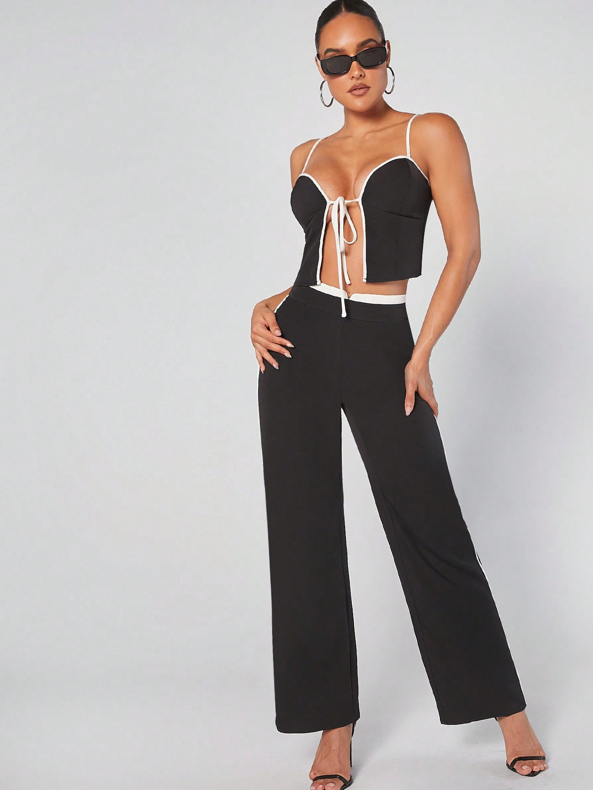 Contrast Tie Front Top & Pants Set
