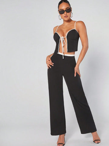 Contrast Tie Front Top & Pants Set