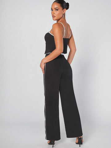 Contrast Tie Front Top & Pants Set