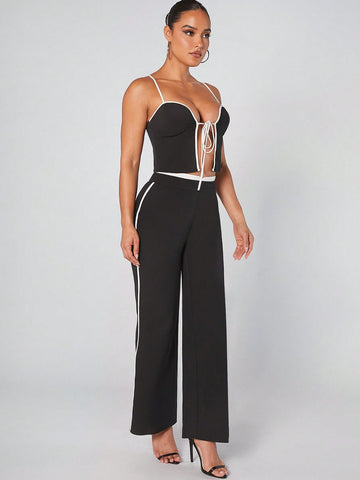 Contrast Tie Front Top & Pants Set