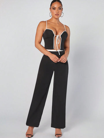 Contrast Tie Front Top & Pants Set