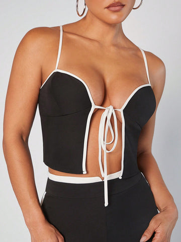 Contrast Tie Front Top & Pants Set