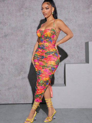 Tropical Print Ruched Backless Dress