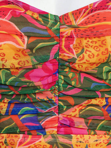 Tropical Print Ruched Backless Dress