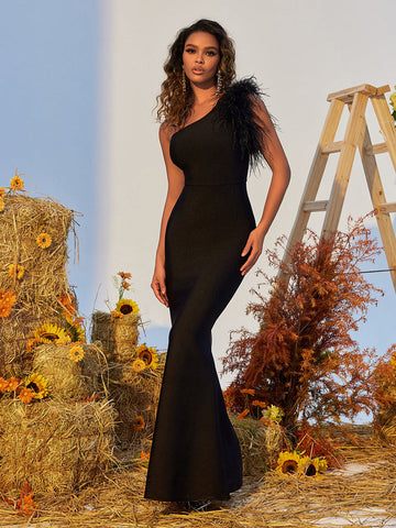 Mina One Shoulder Feather Trimmed Bandage Dress