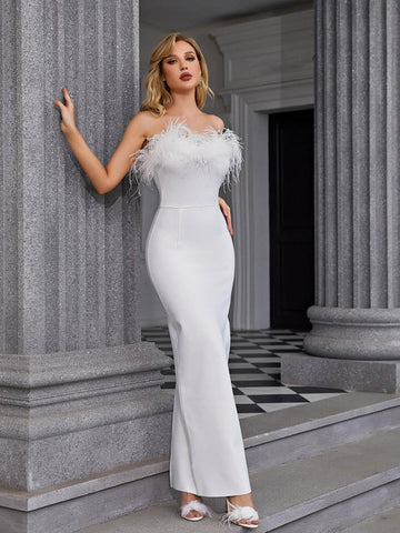 Mina Strapless Feather Trimmed Bandage Dress