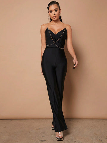 Minami Crisscross Chain Plunging Neck Jumpsuit