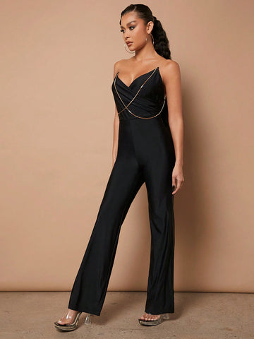 Minami Crisscross Chain Plunging Neck Jumpsuit