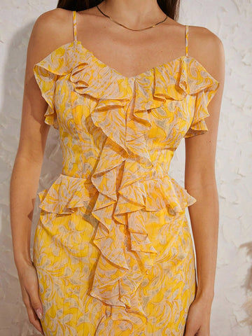 Tiered Ruffle Split Maxi Print Dress