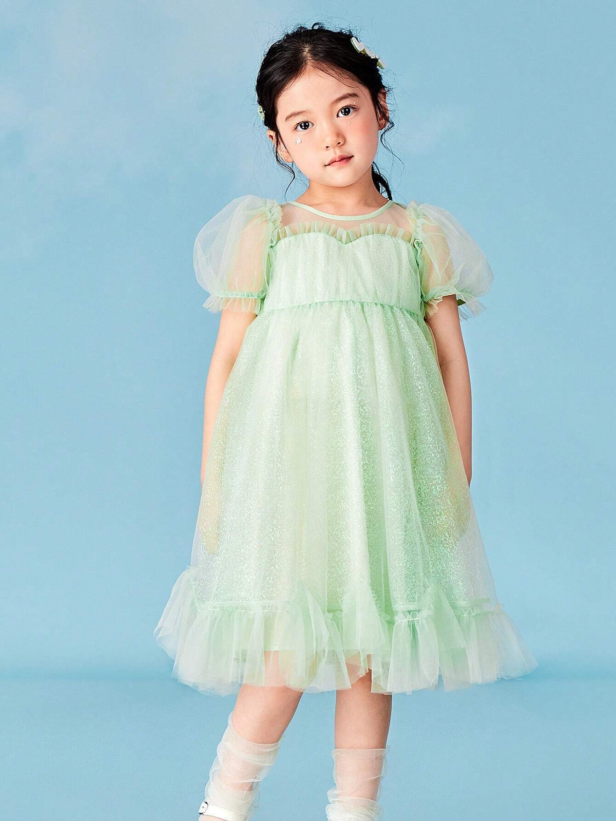Mini Bala Girls' A-Line Dress For Babies With Fluttering Net Bubble Sleeves And High-Waisted Princess Dress In Summer