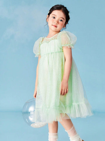Mini Bala Girls' A-Line Dress For Babies With Fluttering Net Bubble Sleeves And High-Waisted Princess Dress In Summer