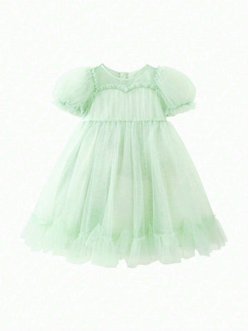 Mini Bala Girls' A-Line Dress For Babies With Fluttering Net Bubble Sleeves And High-Waisted Princess Dress In Summer