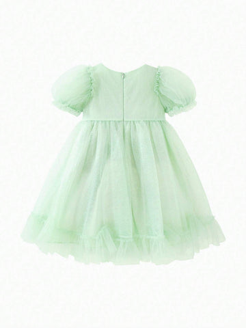 Mini Bala Girls' A-Line Dress For Babies With Fluttering Net Bubble Sleeves And High-Waisted Princess Dress In Summer