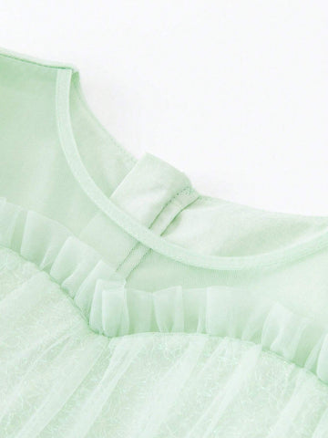 Mini Bala Girls' A-Line Dress For Babies With Fluttering Net Bubble Sleeves And High-Waisted Princess Dress In Summer