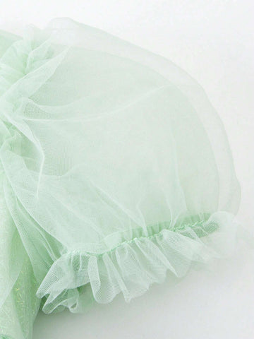 Mini Bala Girls' A-Line Dress For Babies With Fluttering Net Bubble Sleeves And High-Waisted Princess Dress In Summer