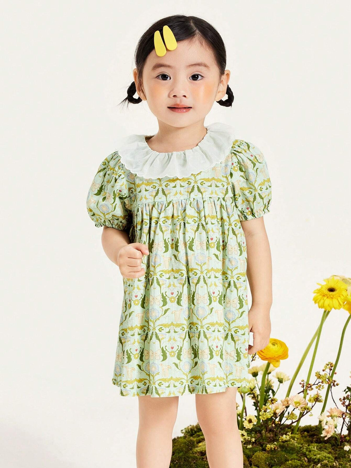 Mini Bala Girls Dress Baby Cute Doll Collar Bubble Sleeve Pure Cotton Fresh Print Princess Dress