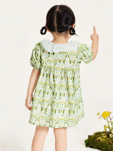 Mini Bala Girls Dress Baby Cute Doll Collar Bubble Sleeve Pure Cotton Fresh Print Princess Dress