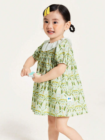 Mini Bala Girls Dress Baby Cute Doll Collar Bubble Sleeve Pure Cotton Fresh Print Princess Dress