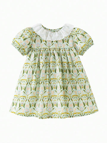 Mini Bala Girls Dress Baby Cute Doll Collar Bubble Sleeve Pure Cotton Fresh Print Princess Dress