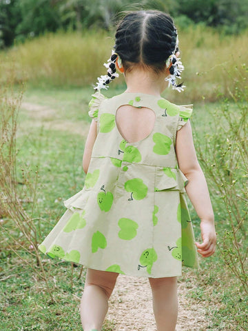 Mini Bala Girls Dress Little Fly Sleeves Cute Print Love Heart Openwork Breathable Pure Cotton Princess Dress