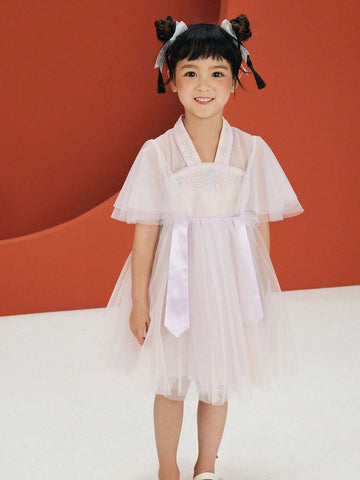 Mini Bala Girls' New Chinese Style Net Bubble Sleeve Dress
