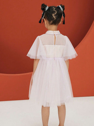 Mini Bala Girls' New Chinese Style Net Bubble Sleeve Dress
